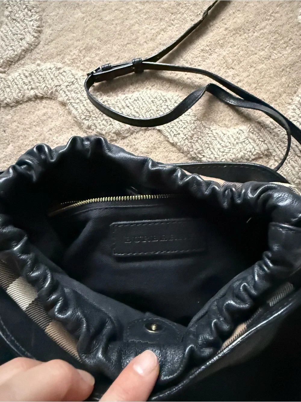 Burberry Black Leather Crossbody with Classic Check Accent